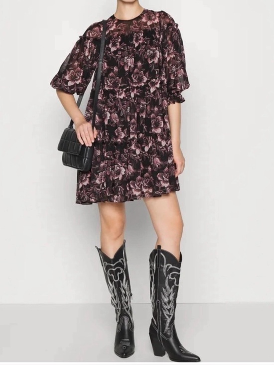 Ted Baker Dresses & Skirts - Ted Baker Black Midi Dress with Pink Floral Print Boho Casual Feminine Girlcore